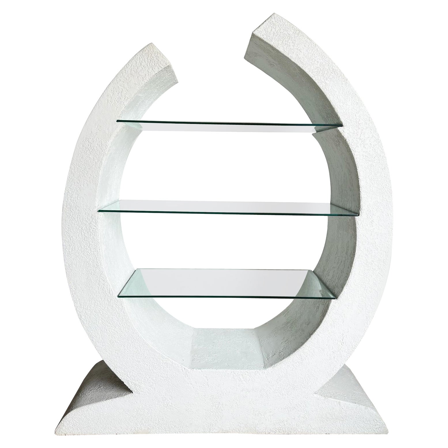 Postmodern Sculpted White Stucco Etagere/Bookshelf - 3 Glass Shelves For Sale