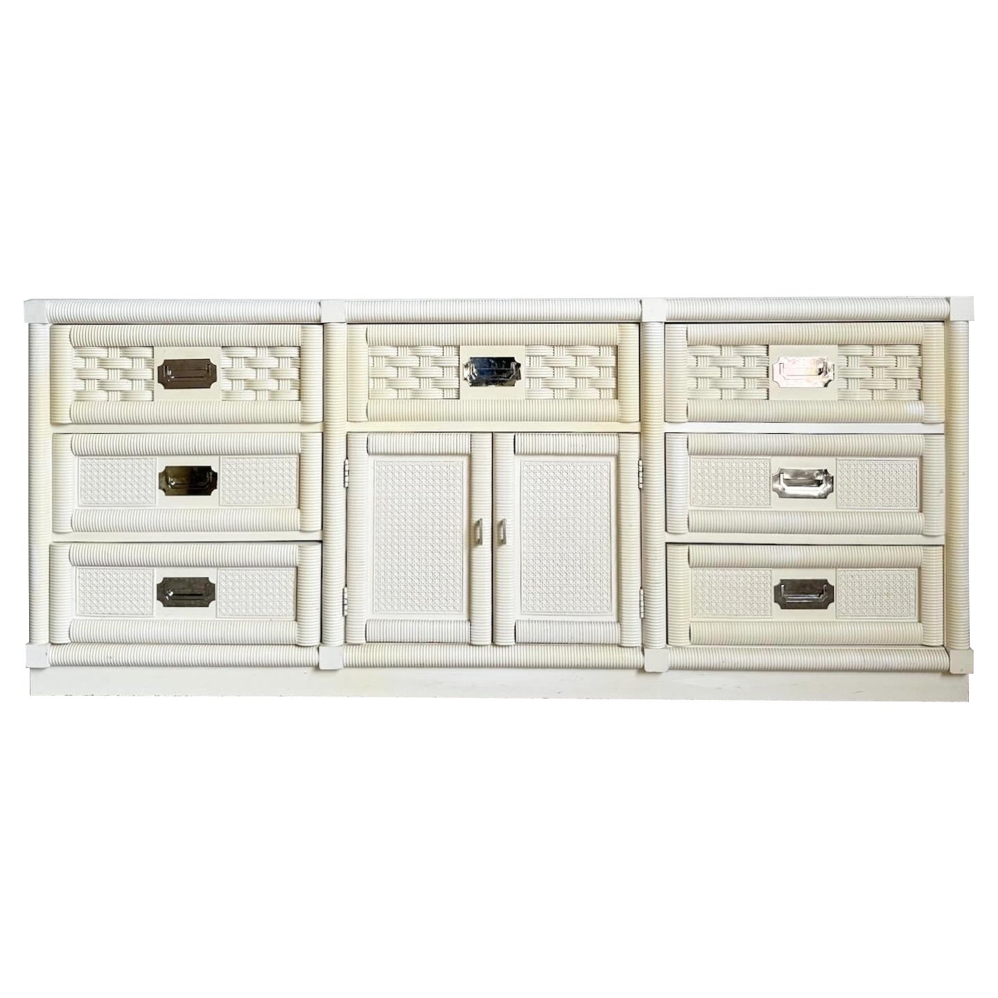 Boho Chic White "Wicker Weve" Dresser by Dixie For Sale