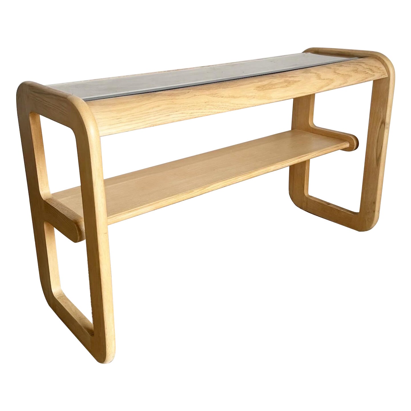 Mid Century Modern Oak Console Table With Smoked Glass Top by Lou Hodges