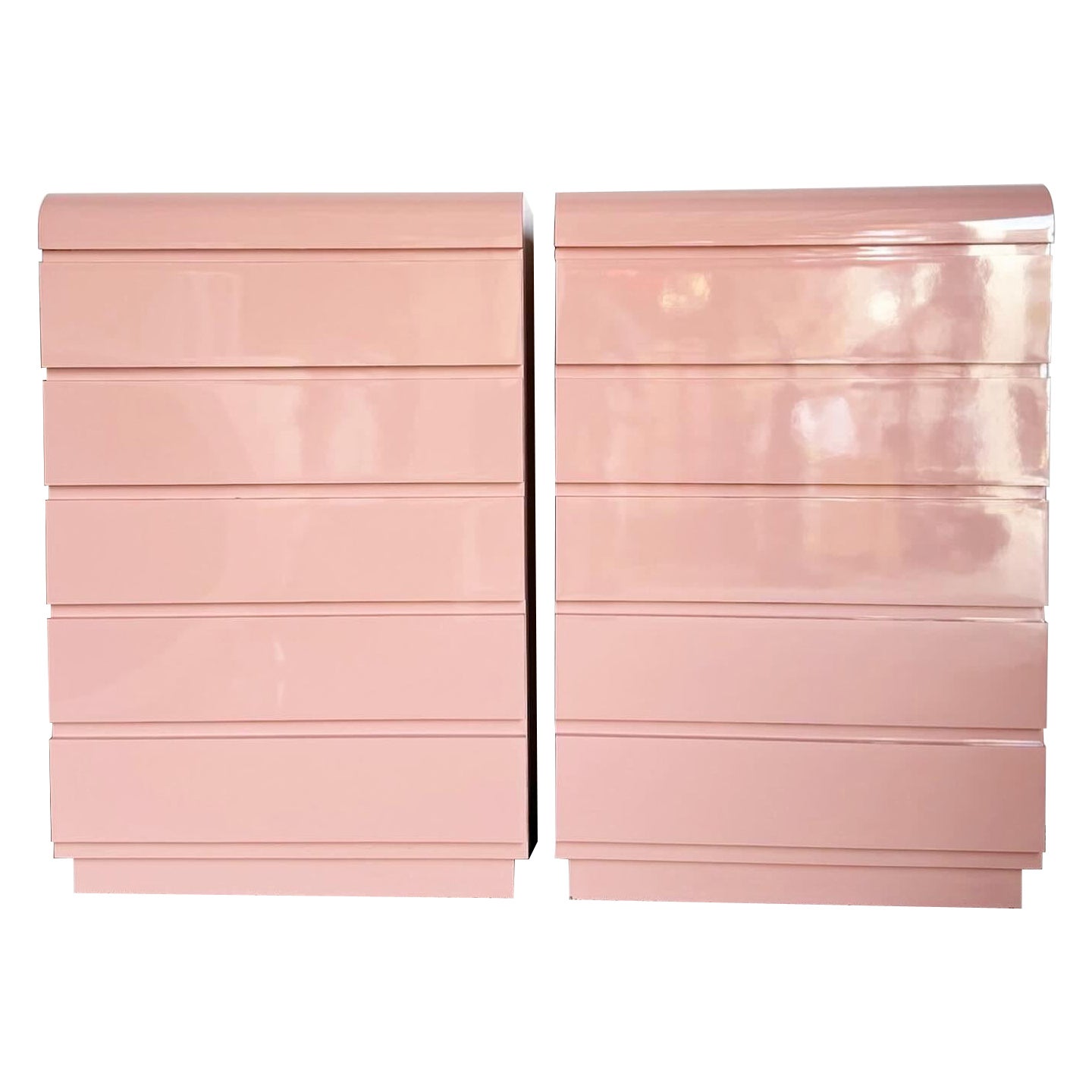 Postmodern Pink Lacquer Laminate Waterfall Highboy Dressers - a Pair