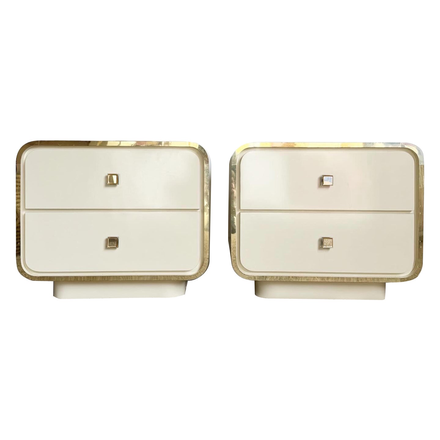 Postmodern Cream Lacquer Laminate Waterfall Nightstands With Gold Trim