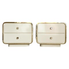Vintage Postmodern Cream Lacquer Laminate Waterfall Nightstands With Gold Trim