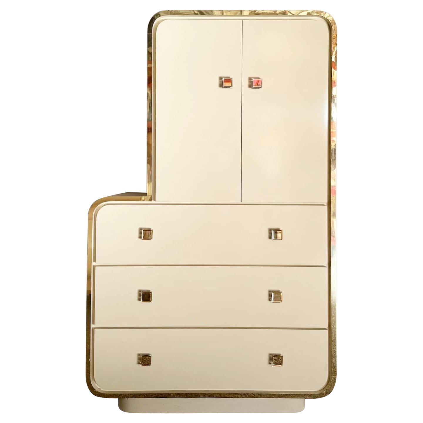 Postmodern Cream Lacquer Laminate Sculpted Waterfall Armoire With Gold Trim