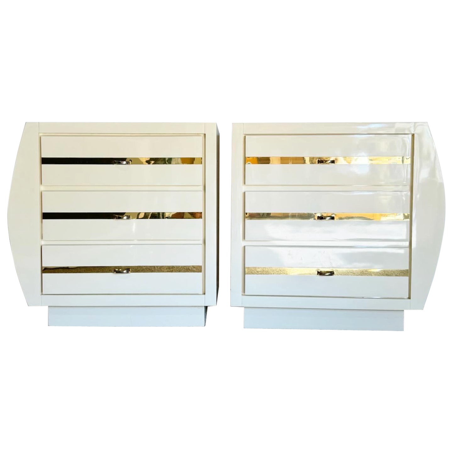 Postmodern Cream Lacquer Laminate Nightstands With Gold Accents- a Pair For Sale