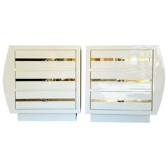 Postmodern Cream Lacquer Laminate Nightstands With Gold Accents- a Pair