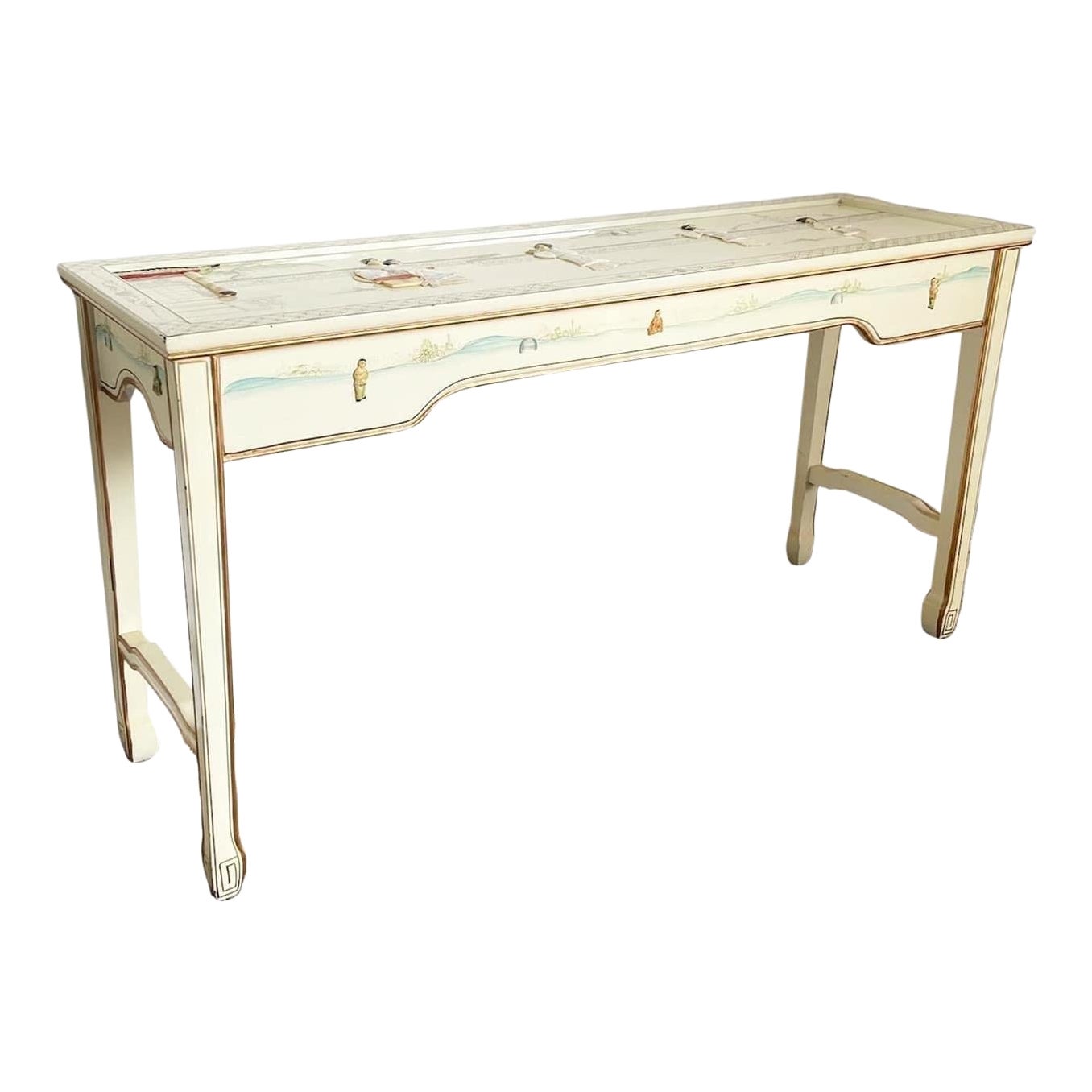 Chinese Cream Lacquered and Hand Painted Console Table For Sale