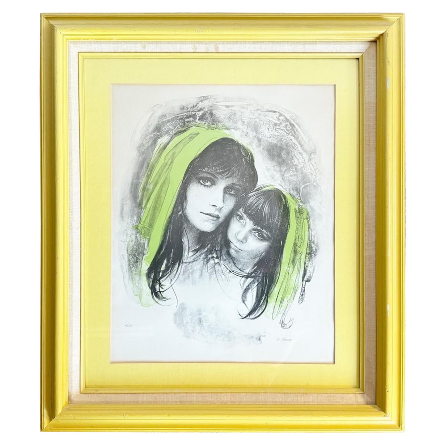 Lithographie vintage d'une mère et d'une fille signée et numérotée en vente