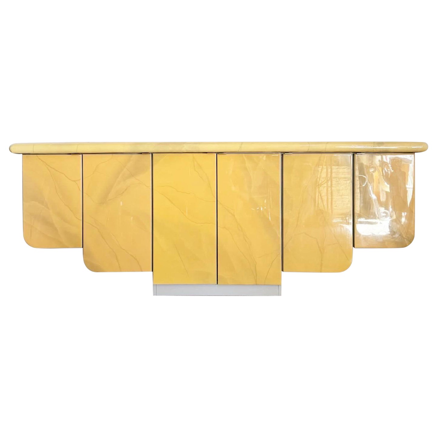 Postmodern Faux Goatskin Lacquered Scalloped Floating Credenza For Sale