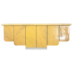 Vintage Postmodern Faux Goatskin Lacquered Scalloped Floating Credenza