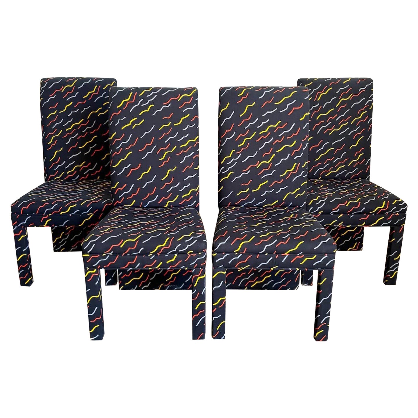 Postmodern Multi Color Squiggle Fabric Parsons Dining Chairs - Set of 4 For Sale
