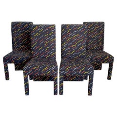 Used Postmodern Multi Color Squiggle Fabric Parsons Dining Chairs - Set of 4