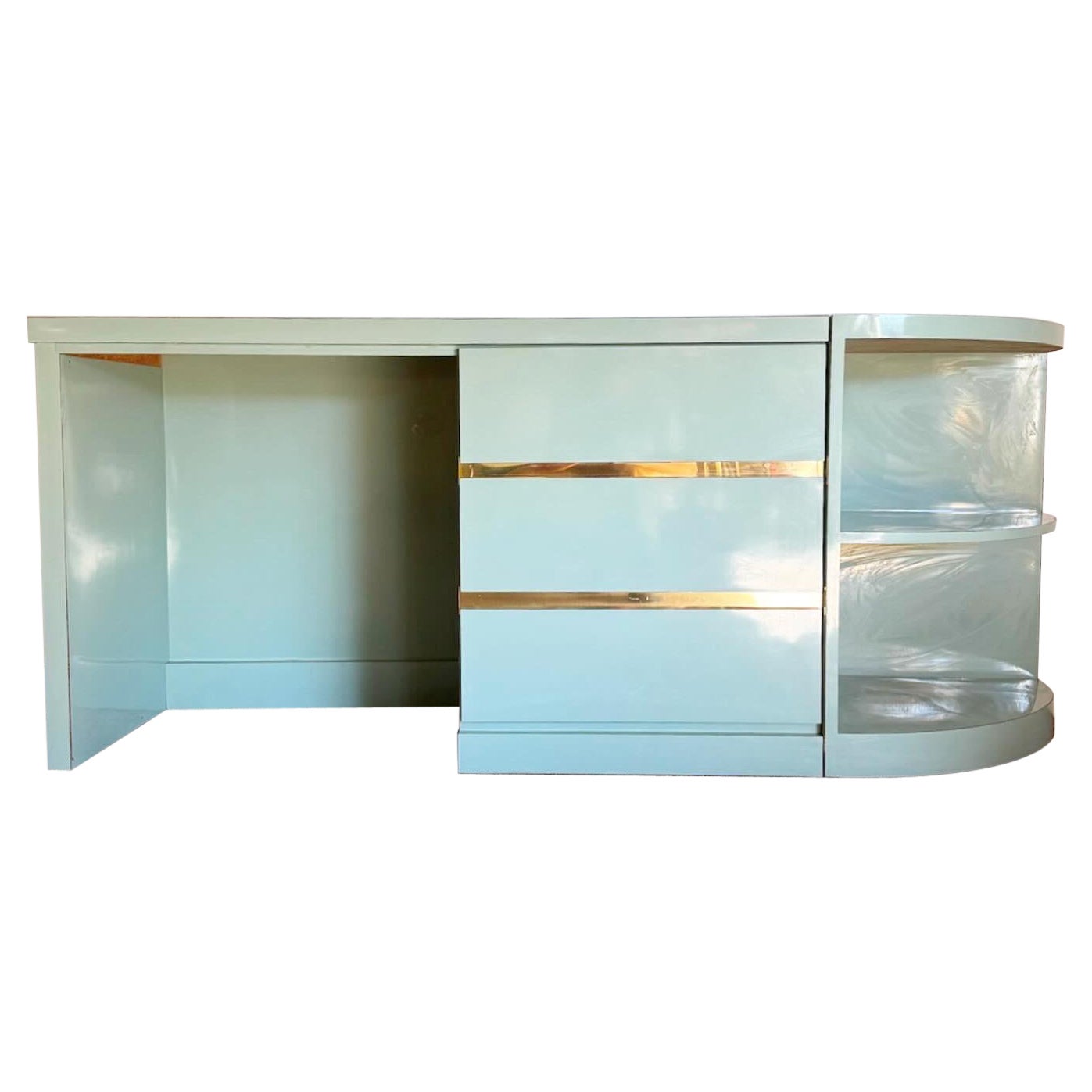 Postmodern Baby Blue Lacquer Laminate Desk With Corner Shelf