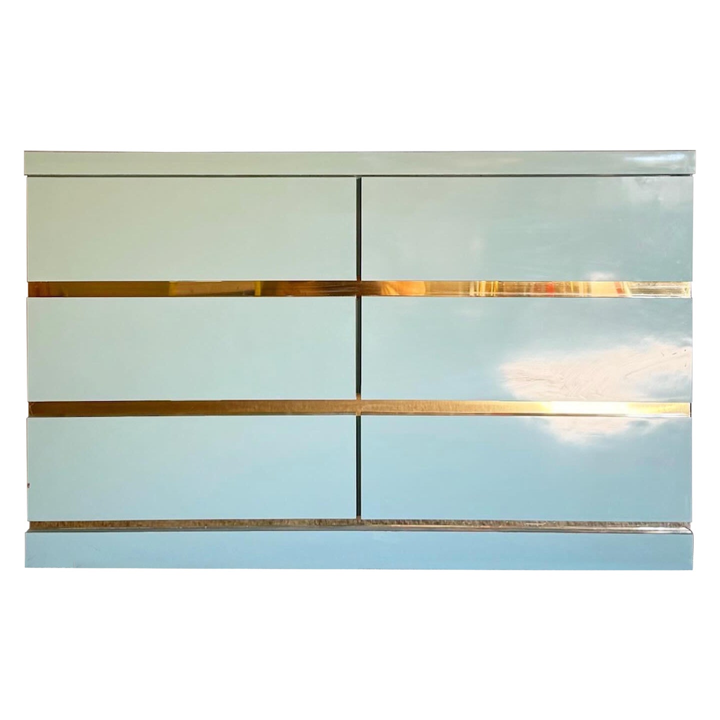 Postmodern Baby Blue Lacquer Laminate Dresser With Gold Accents For Sale