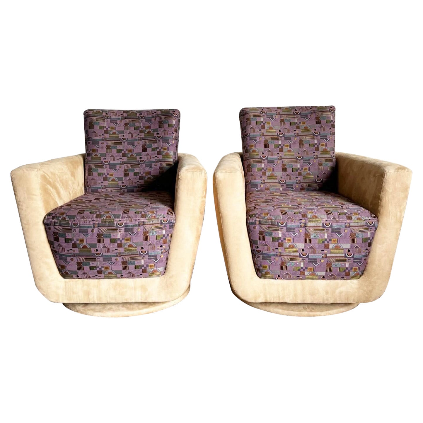 Postmodern Tan Micro Fiber and Purple Patterned Swivel Lounge Chairs - a Pair For Sale