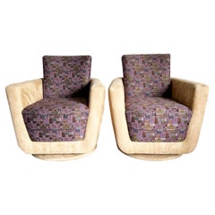 Postmodern Tan Micro Fiber and Purple Patterned Swivel Lounge Chairs - a Pair
