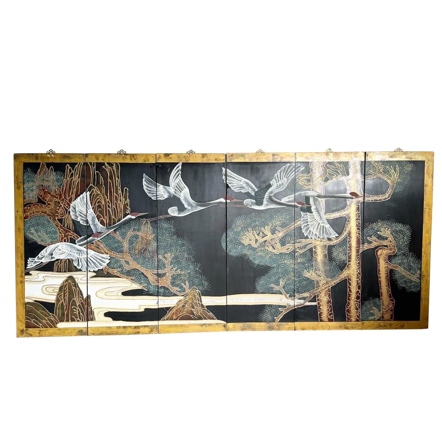 Chinese Hand Painted Panels of Flying Red Crowned Cranes - 6 Pieces