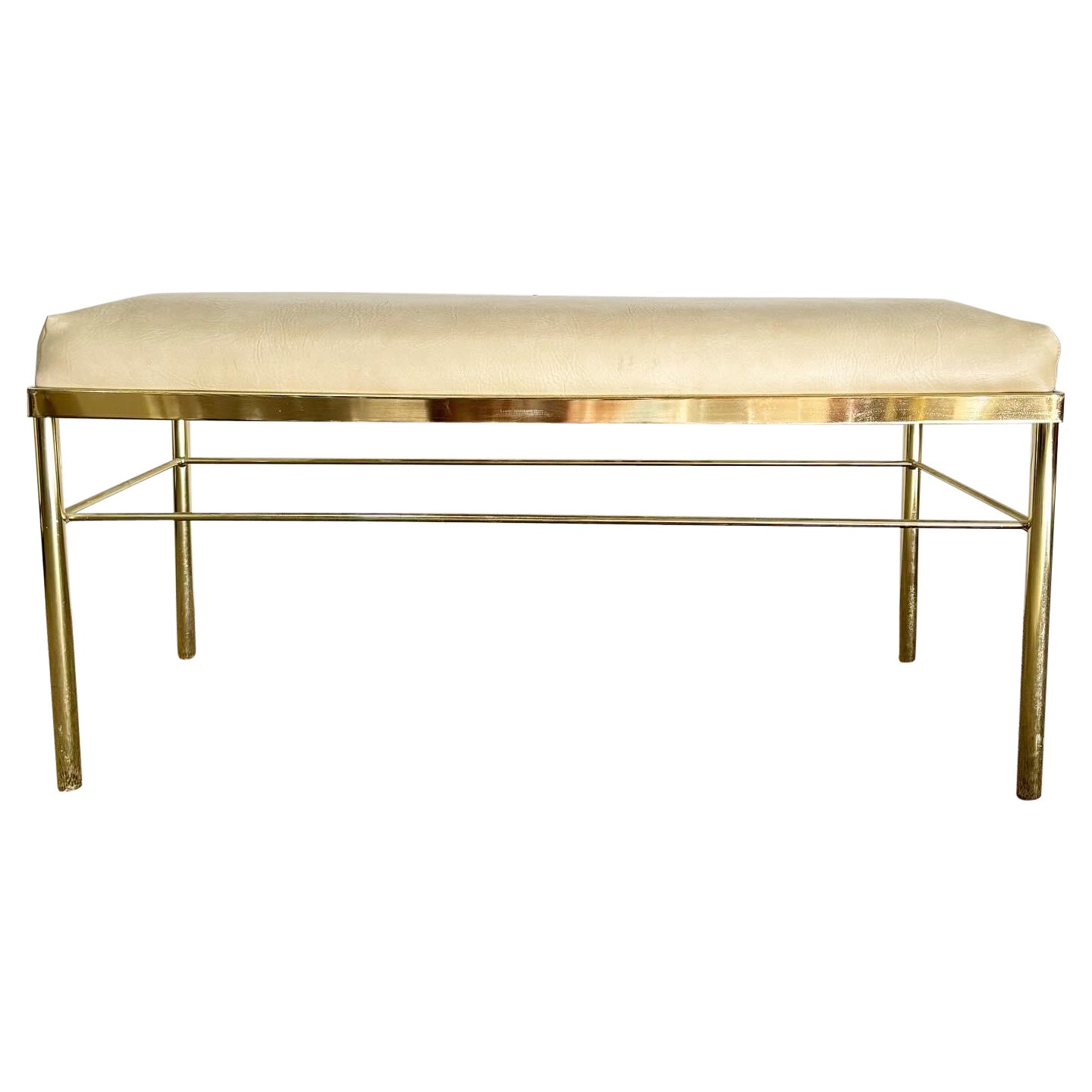 Hollywood Regency Gold Bench With Vinyl Faux Leather Seat Cushion For Sale