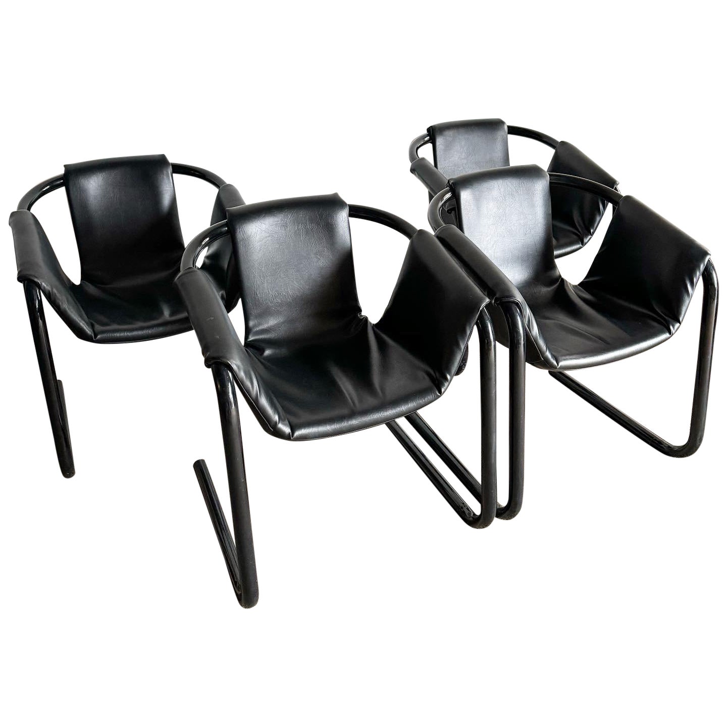 Sling Chairs Vecta aus schwarzem Vinyl und schwarzem Metall mit Zermatt-Röhren, 1970er Jahre
