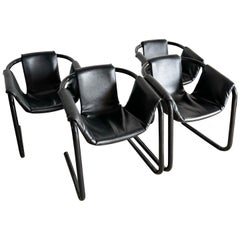 Vintage 1970s Black Vinyl in Black Metal Zermatt Tubular Sling Chairs Vecta