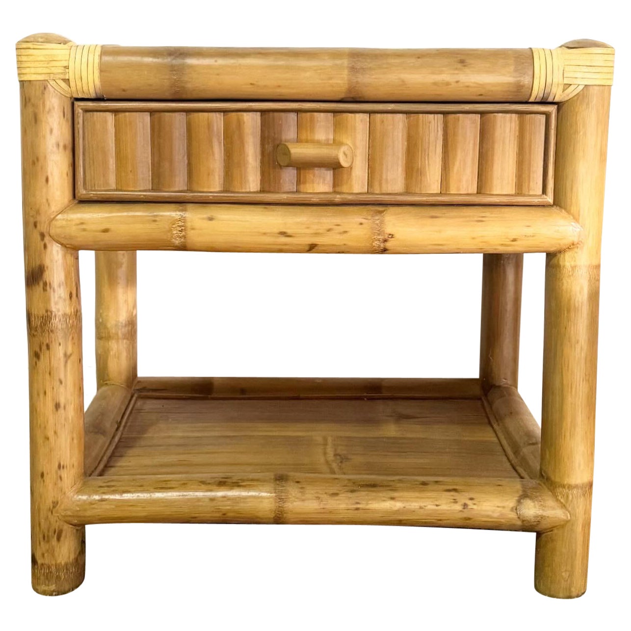 Boho Chic Bamboo Rattan Nightstand With Glass Top For Sale