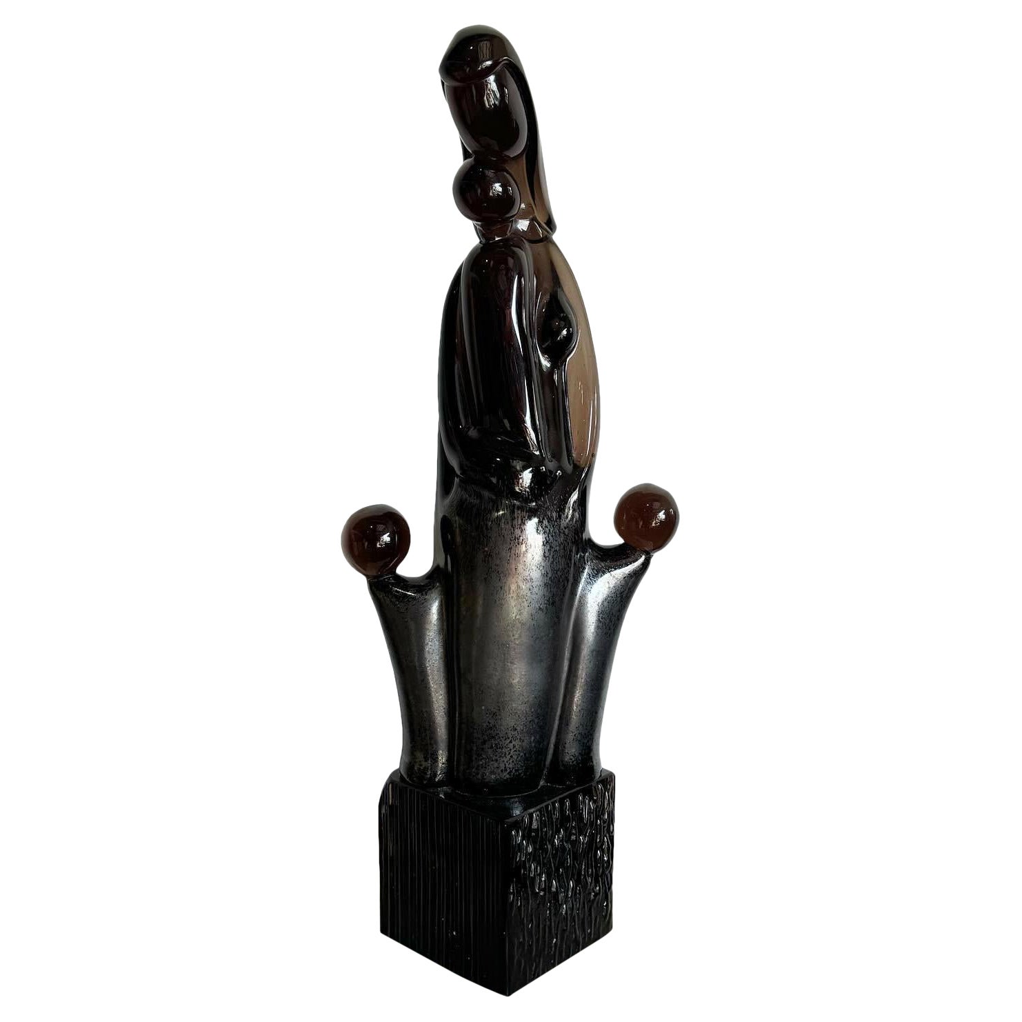 Postmodern Black Amethyst Glass Sculpture of Mother With Children For Sale