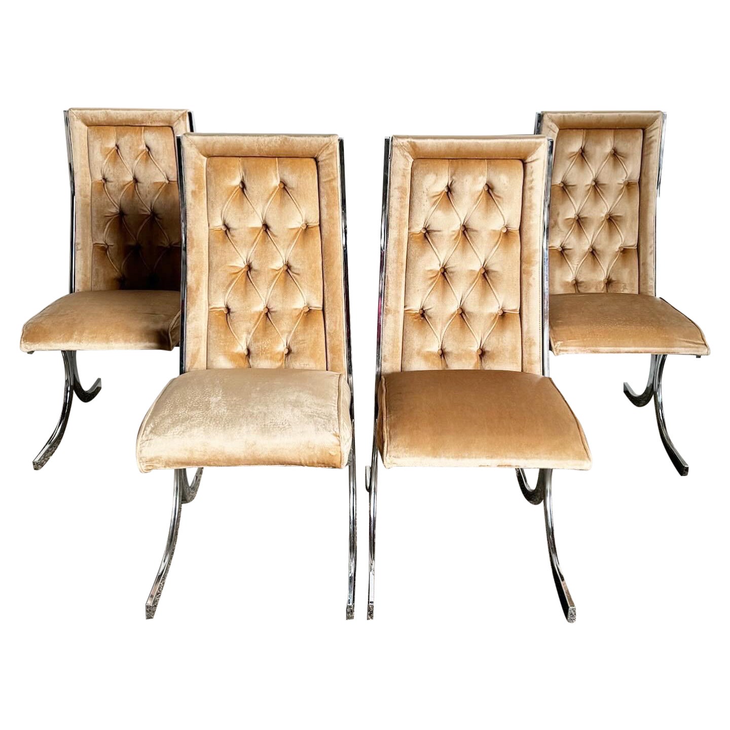 Mid Century Modern Tufted Fabric Chrome Dining Chairs - Set of 6 For Sale