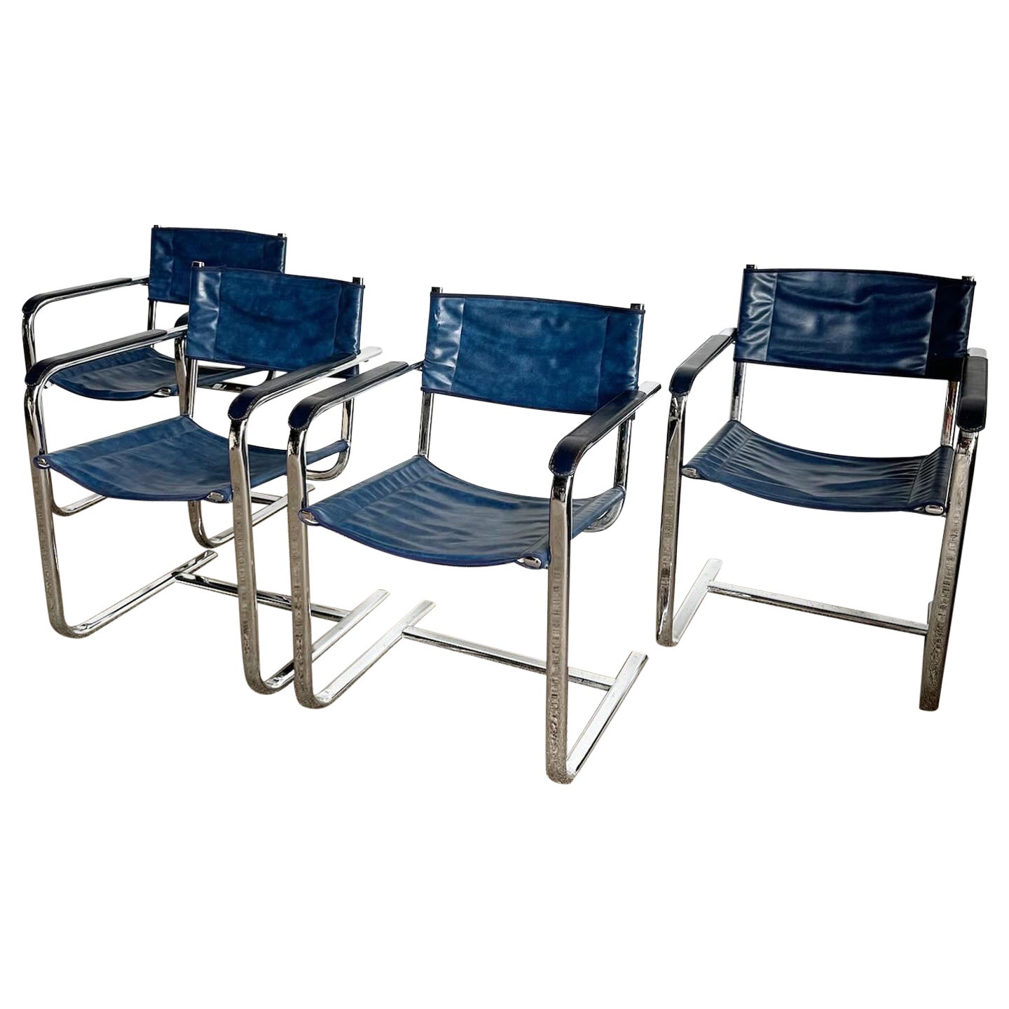 Blue Leather Chrome Cantilever Dining Arm Chairs - Set of 4 For Sale