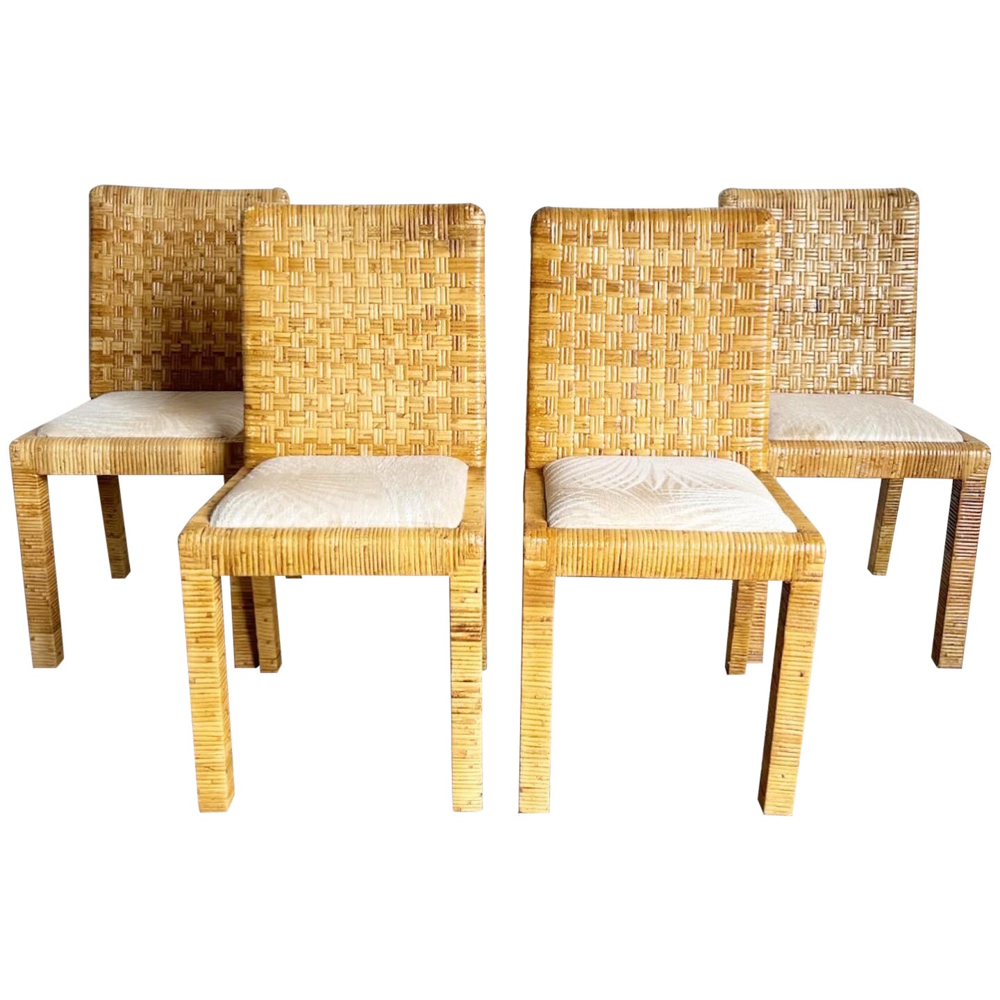 Boho Chic Rattan and Wicker Parsons Dining Chairs - Set of 4 For Sale