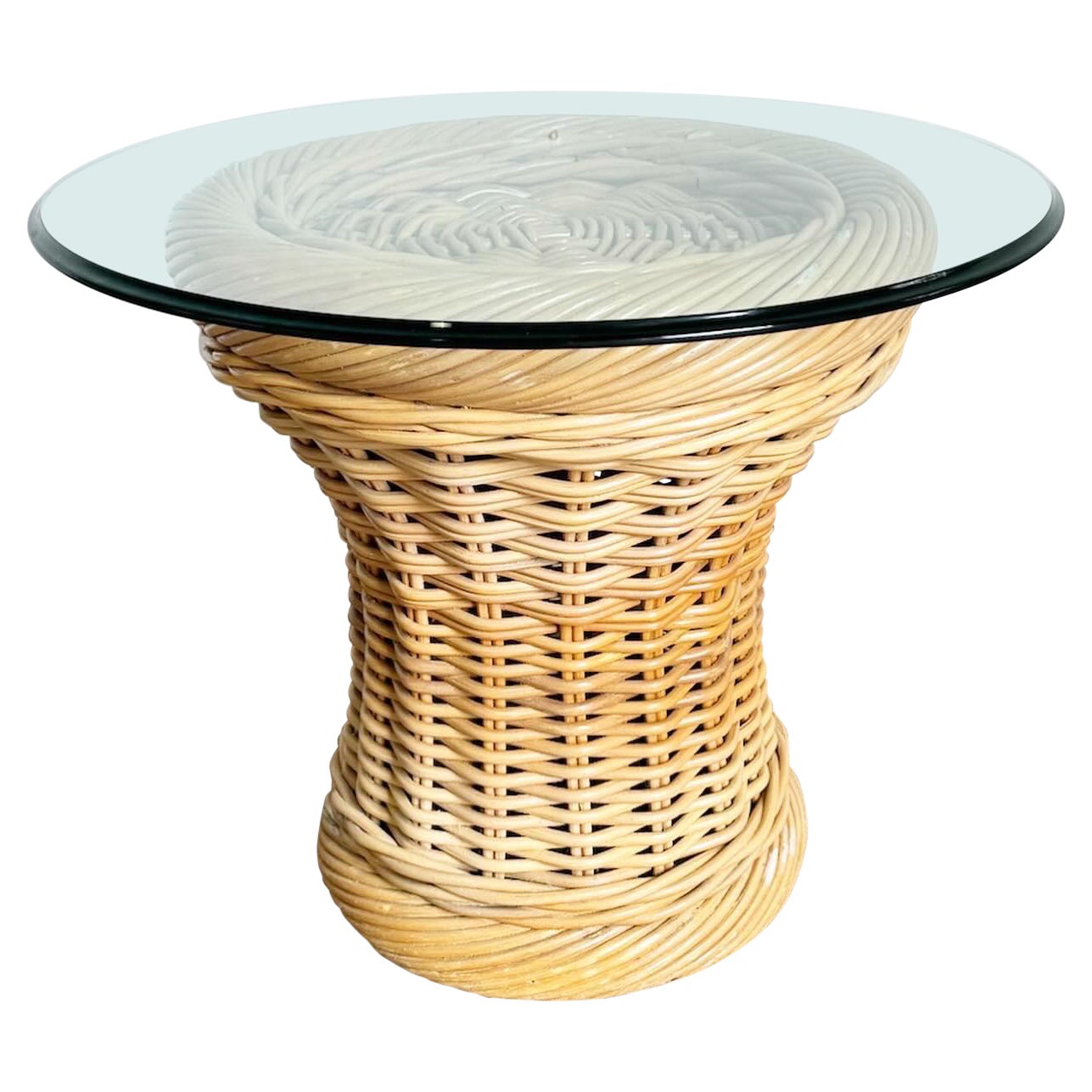 Boho Chic Bamboo Pencil Reed Wicker Glass Top Side Table For Sale