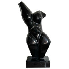 Antique Black Marble Botero Torso Sculpture