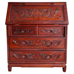Vintage Chinese Hand Carved Cherry Finished Secretary Desk