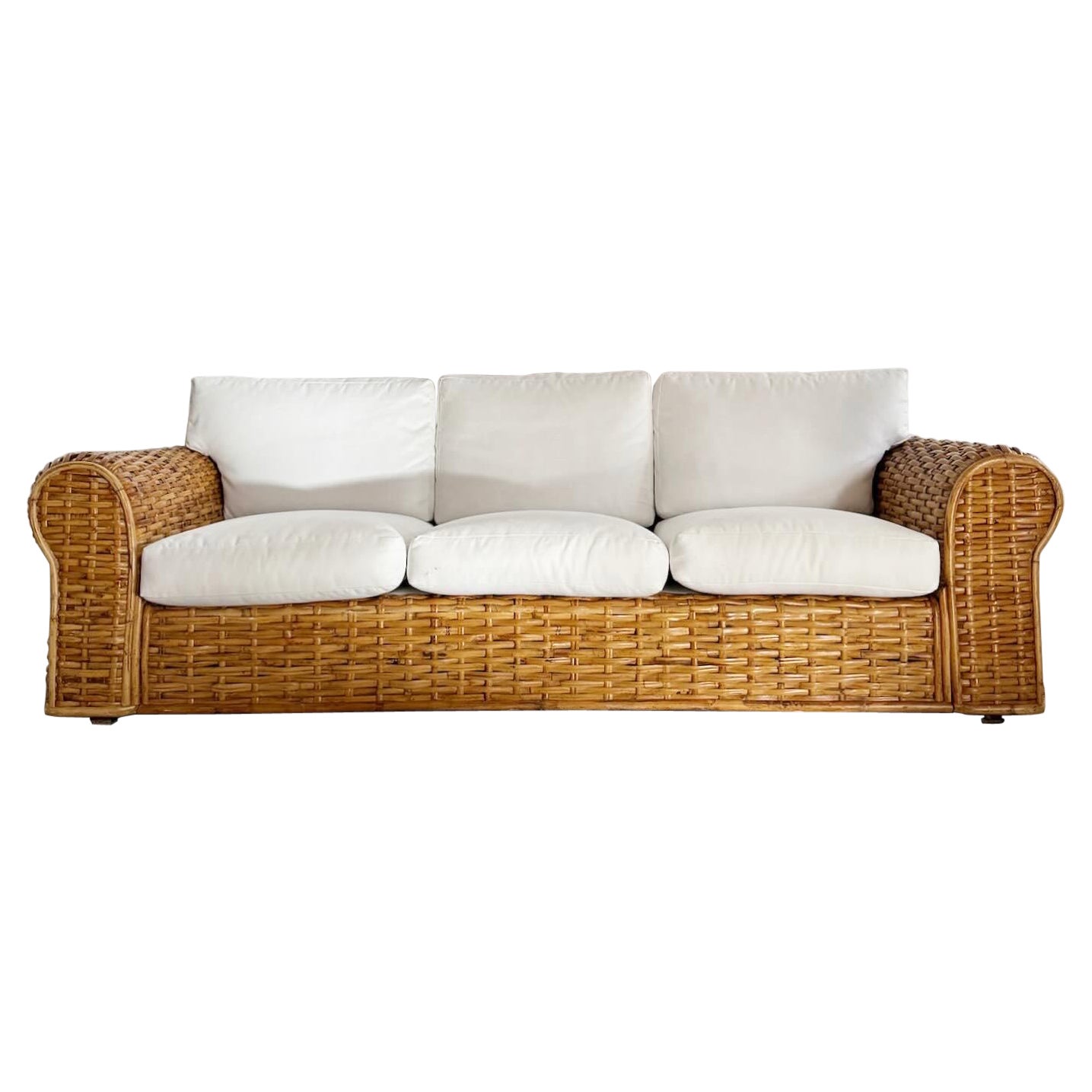 Boho Chic Wicker Sofa With White Cushions by Polo Ralph Lauren For Sale