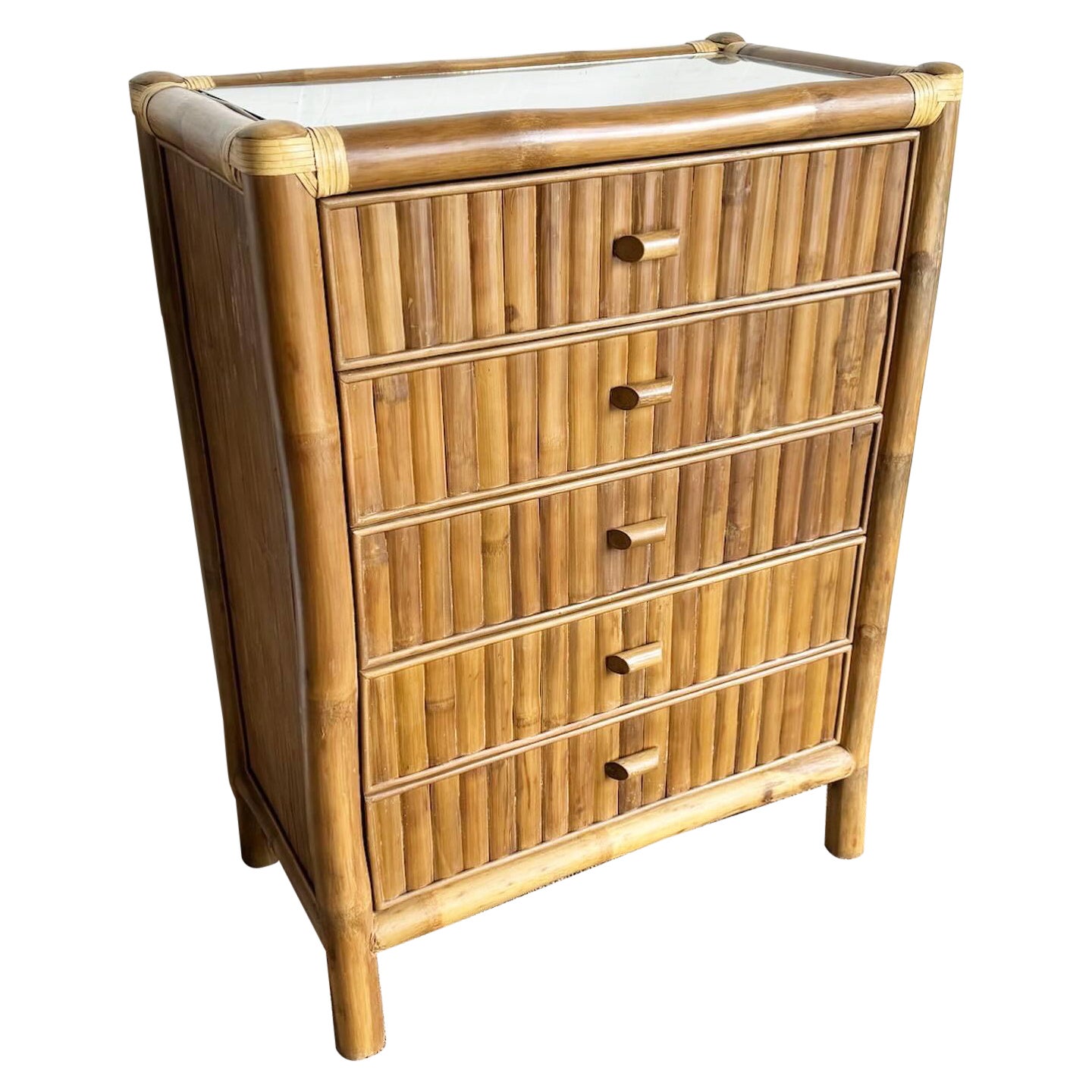 Boho Chic Bamboo Rattan Highboy Dresser - 5 Drawers For Sale