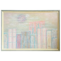 Vintage Postmodern Framed Abstract Painting of City Scape