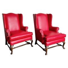 Retro Traditional Red Faux Leather Wingback Chairs - a Pair