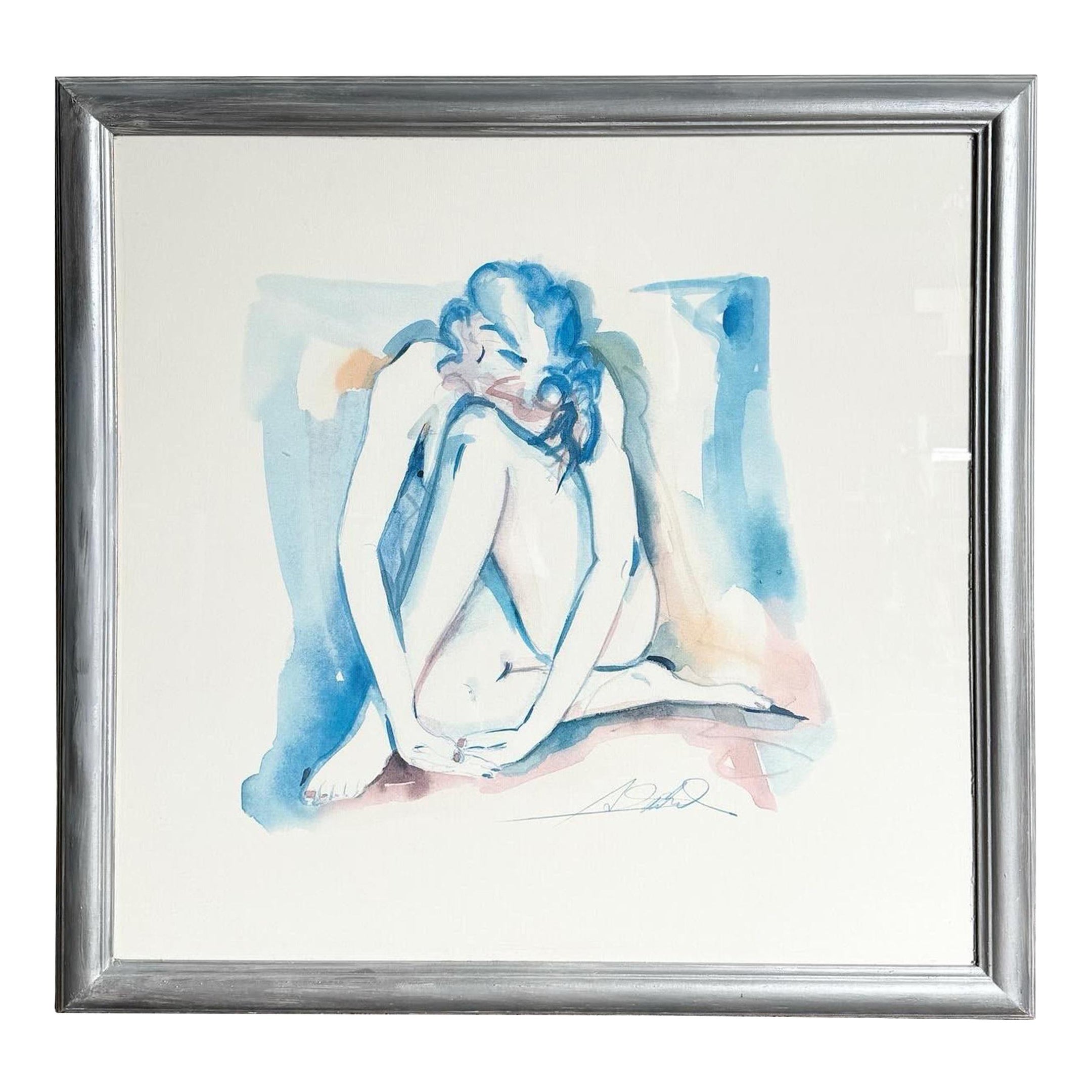 Vintage Singed and Framed Water Color Painting of Kneeling Lady For Sale