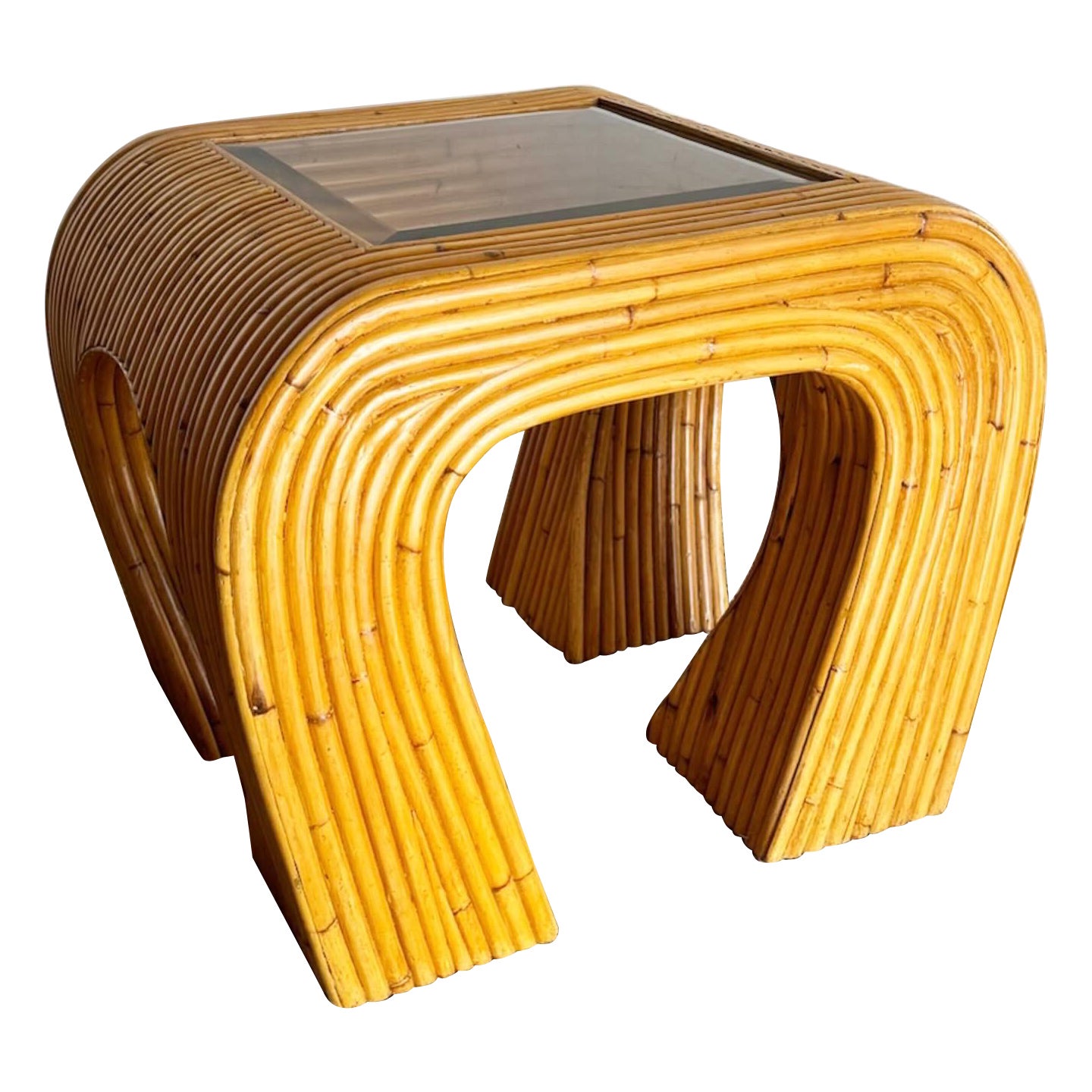 Boho Chic Split Bamboo Waterfall Side Table With Inlaid Smoked Glass