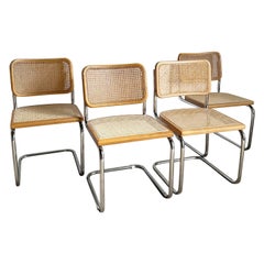 Freitragende Esszimmerstühle aus Chrom und Schilfrohr – 4er-Set, Moderne der Mitte des Jahrhunderts