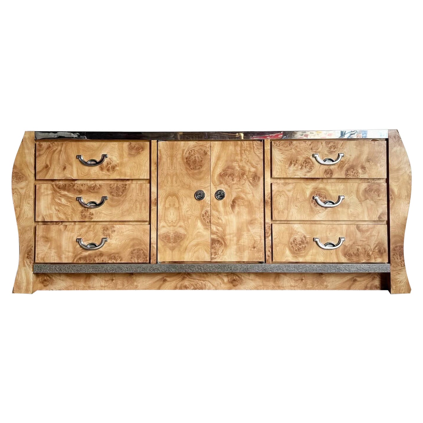 Postmodern Sculpted Burl Wood Laminate Dresser With Chrome Accents For Sale