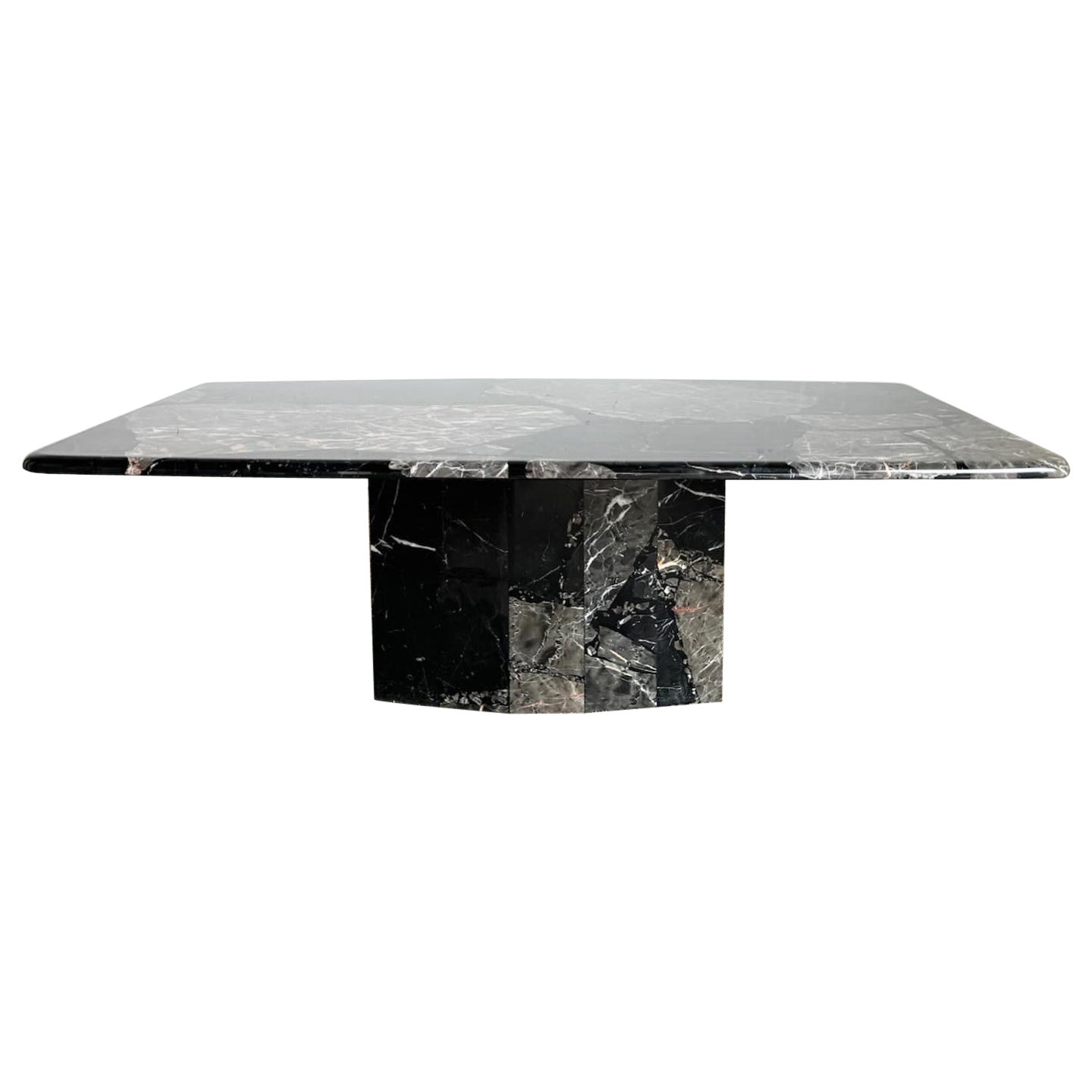 Postmodern Black Marble Coffee Table on Scalloped Pedestal Base