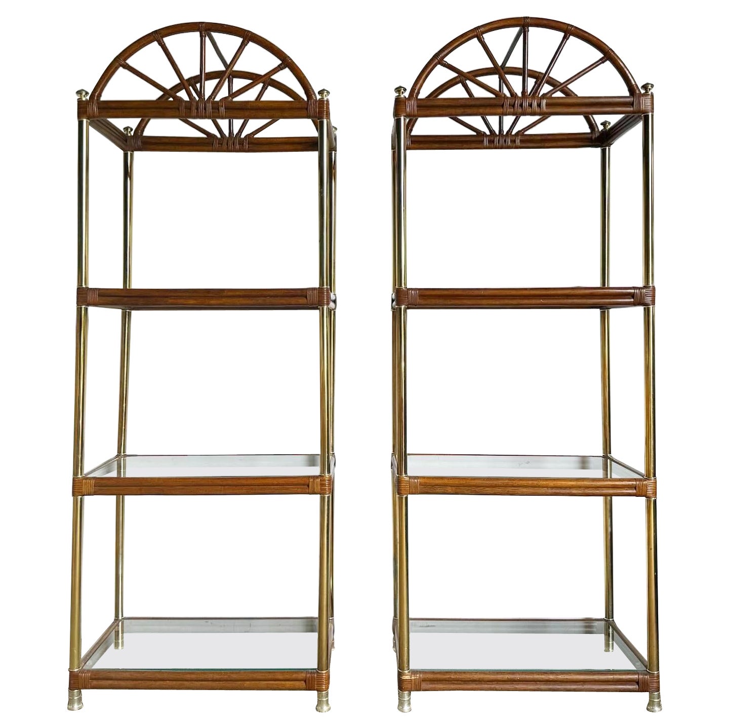 Boho Chic Regency Gold and Bamboo Rattan Etageres - a Pair