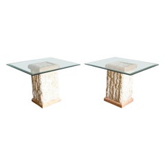 Vintage Postmodern Pink & Beige Tessellated Stone Beveled Glass Top Side Tables - a Pair