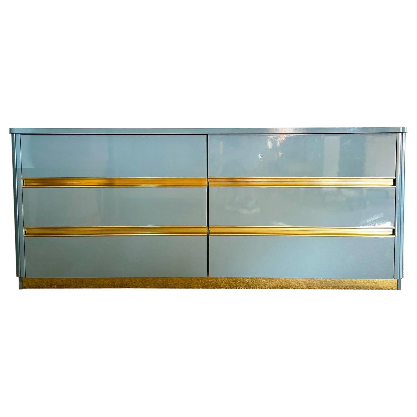 Italian Postmodern Baby Blue Lacquered Dresser With Gold Accent