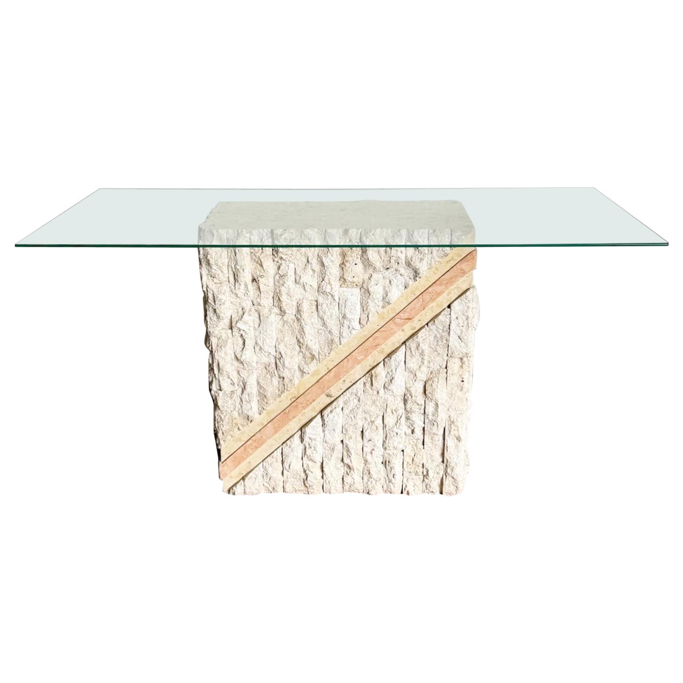 Postmodern Tessellated Pink and Beige Stone Glass Top Console Table For Sale