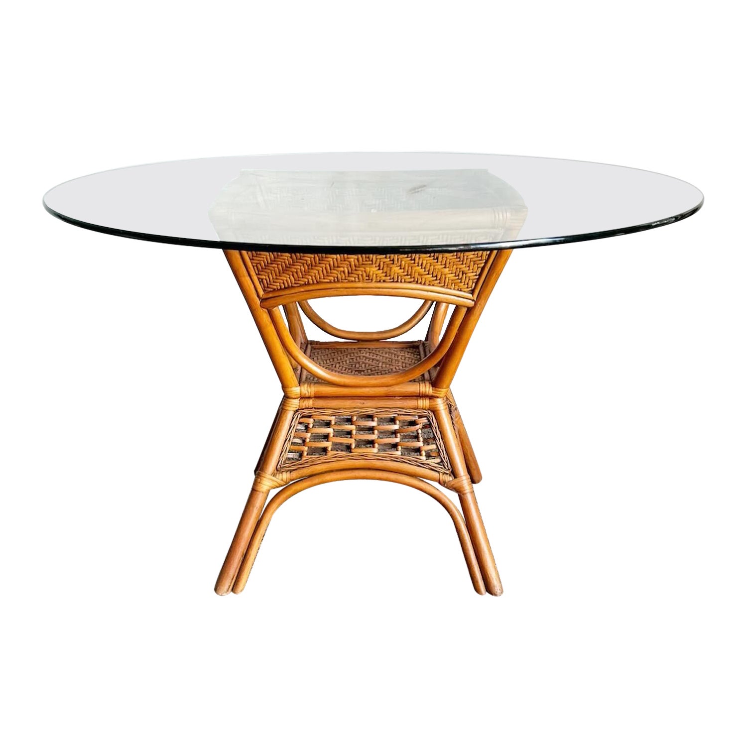 Boho Chic Bamboo and Rattan Glass Top Dining Table For Sale