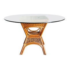 Used Boho Chic Bamboo and Rattan Glass Top Dining Table