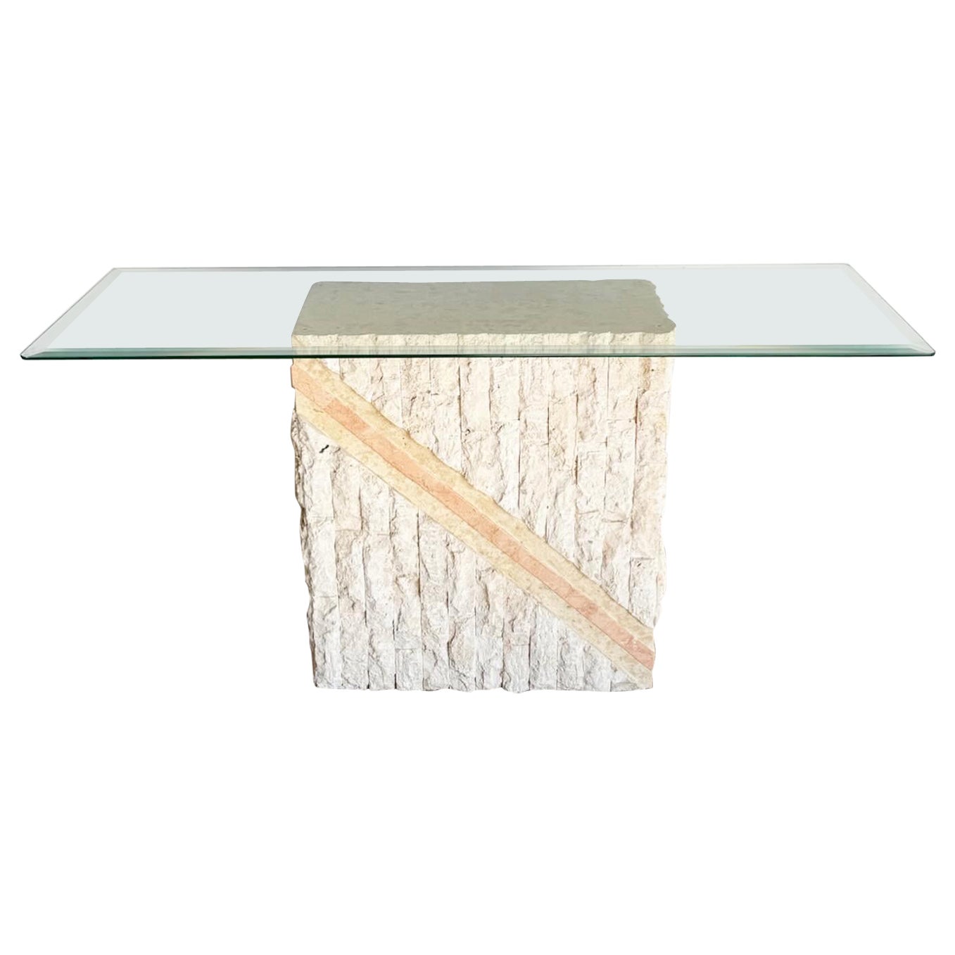 Postmodern Pink and Beige Tessellated Stone Glass Top Console Table For Sale