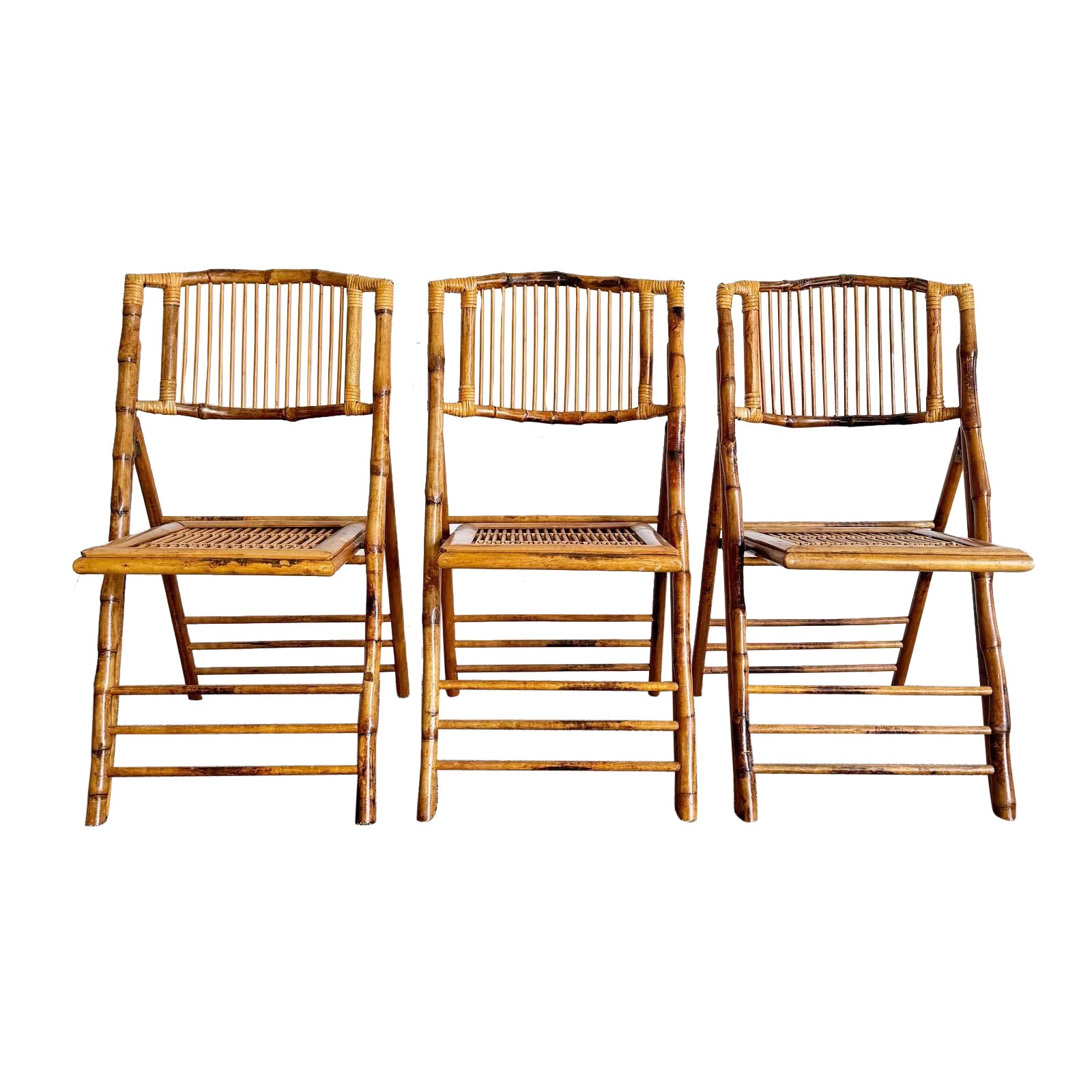 Boho Chic Tortoise Shell Bamboo Rattan Fold-Up Dining Chairs - Set of 3 For Sale