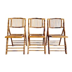 Used Boho Chic Tortoise Shell Bamboo Rattan Fold-Up Dining Chairs - Set of 3