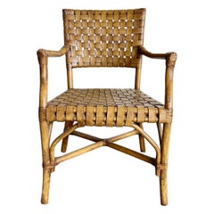 Boho Chic Bamboo Rattan and Woven Leather Arm Dining Chair